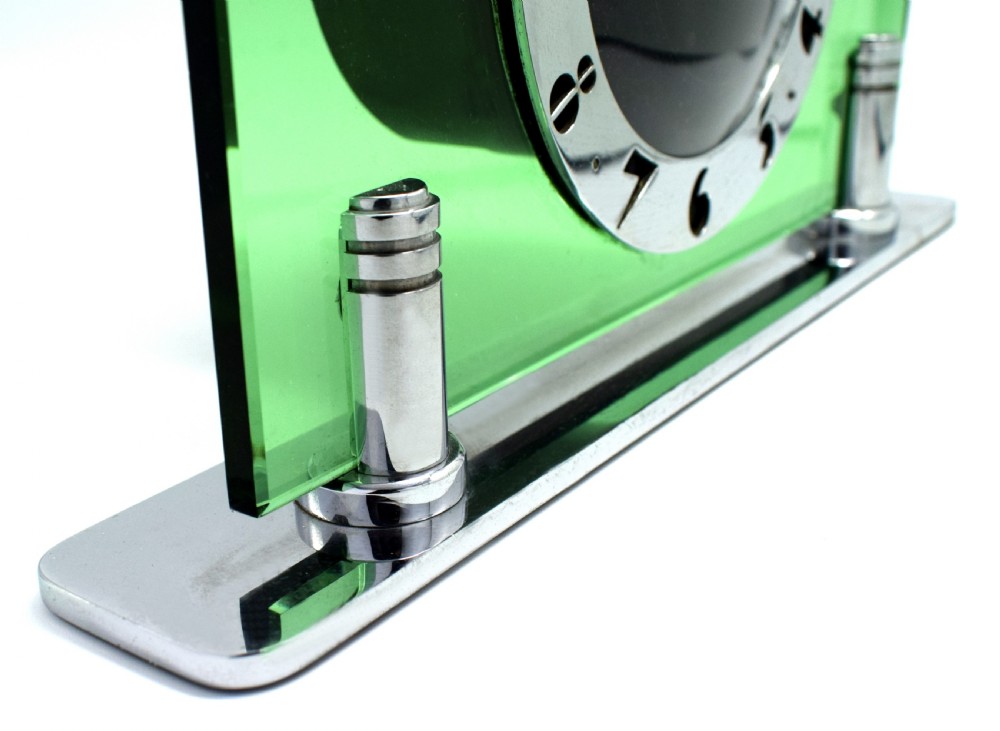 Art Deco Green Glass & Chrome Electric Mantle Clock By Smiths, Circa 1930 View IV