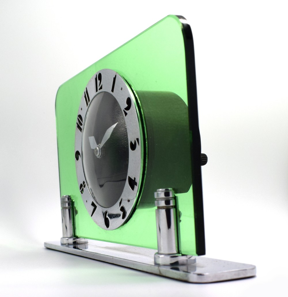 Art Deco Green Glass & Chrome Electric Mantle Clock By Smiths, Circa 1930 View VIII