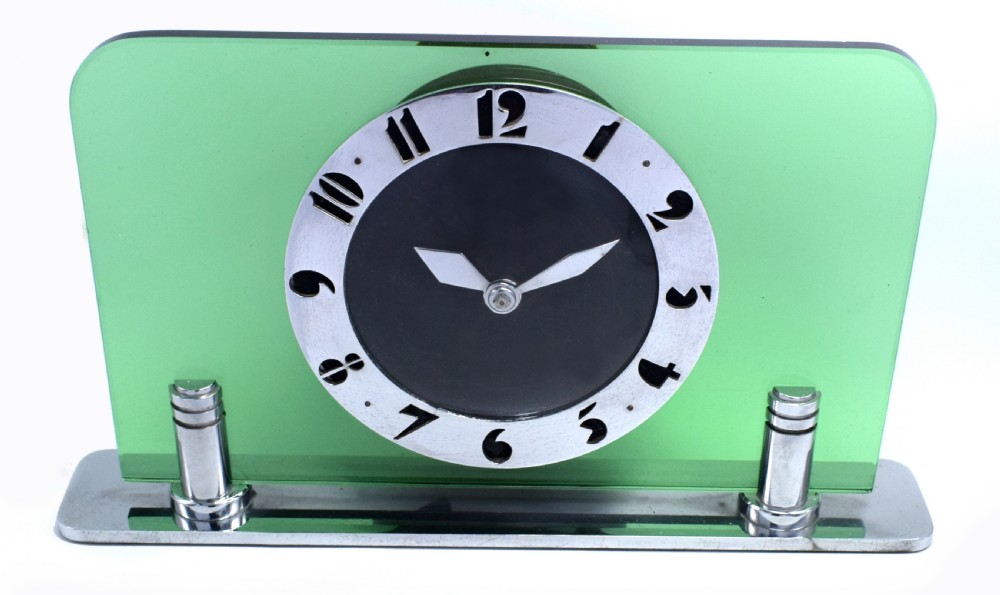 Art Deco Green Glass & Chrome Electric Mantle Clock By Smiths, Circa 1930 View XI