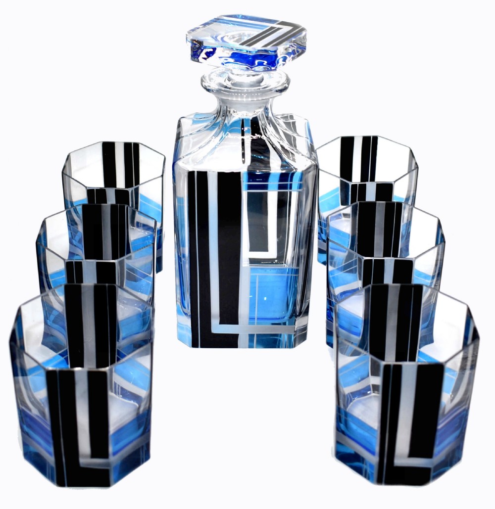 Art Deco Blue & Black enamel Glass Decanter Set