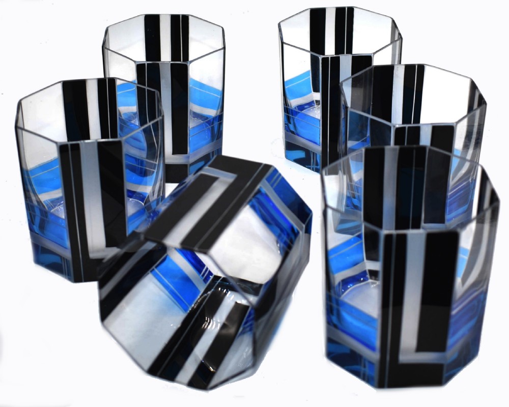 Art Deco Blue & Black enamel Glass Decanter Set View II