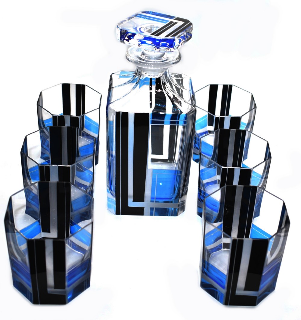 Art Deco Blue & Black enamel Glass Decanter Set View V