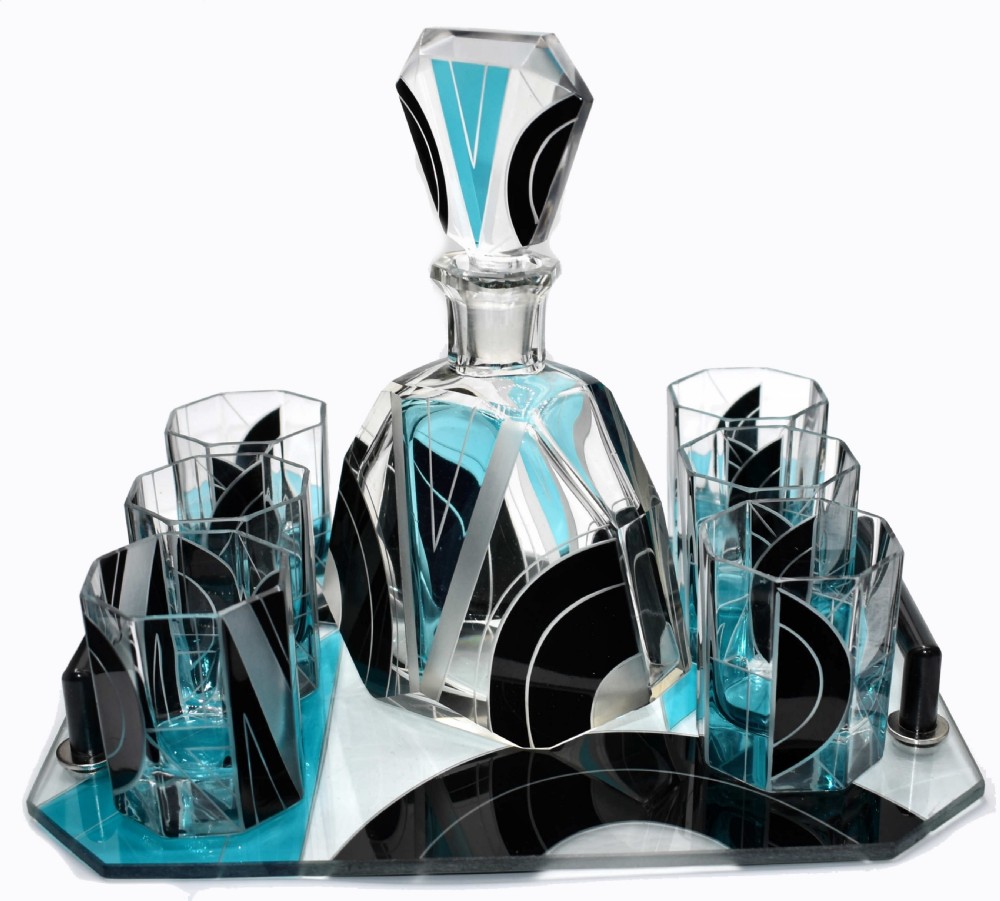Art Deco Czech Whisky Decanter Set on Matching Tray