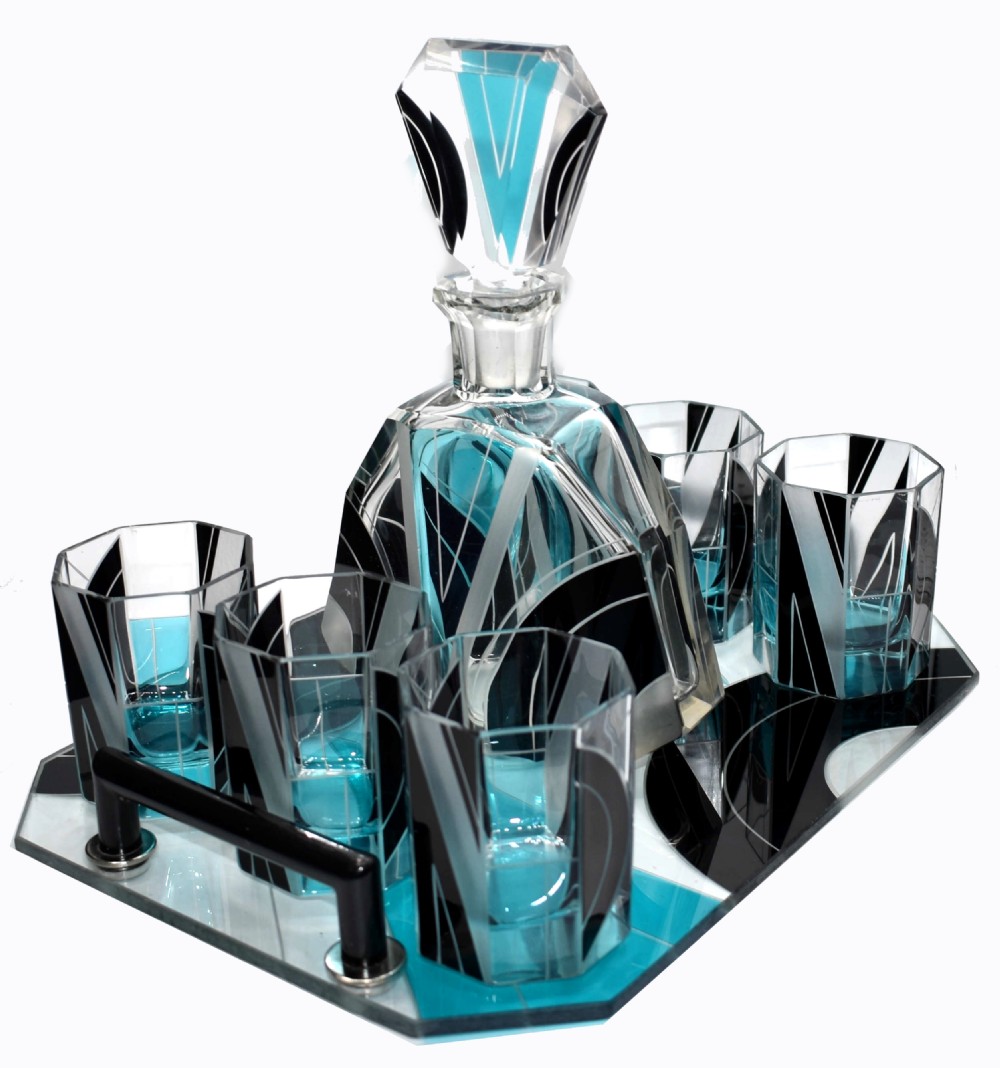 Art Deco Czech Whisky Decanter Set on Matching Tray View VIII