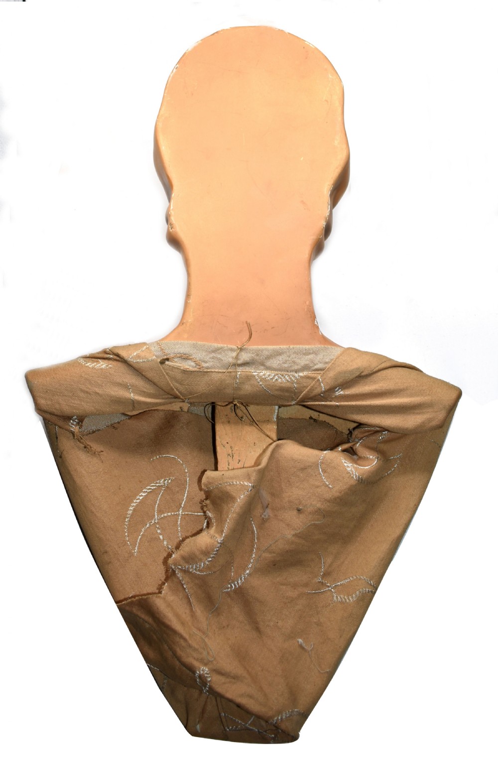 An original 1930s French Art Deco shop mannequin bust featuring hand-painted facial details, moulded finger-wave hair, and a fabric-lined V-neck trimming. View II