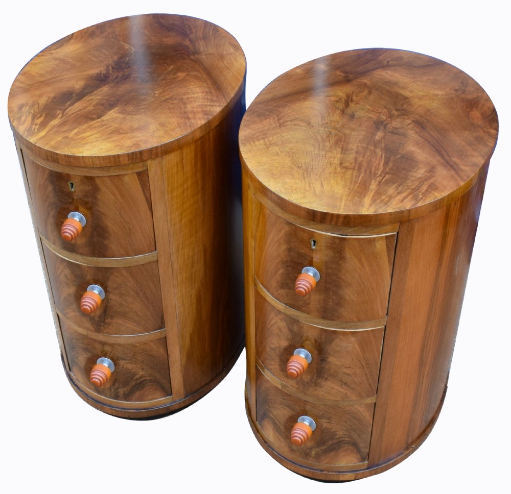 Matching Pair of Art Deco Oval Shaped Bedside Cabinet Tables, Circa 1930 View II