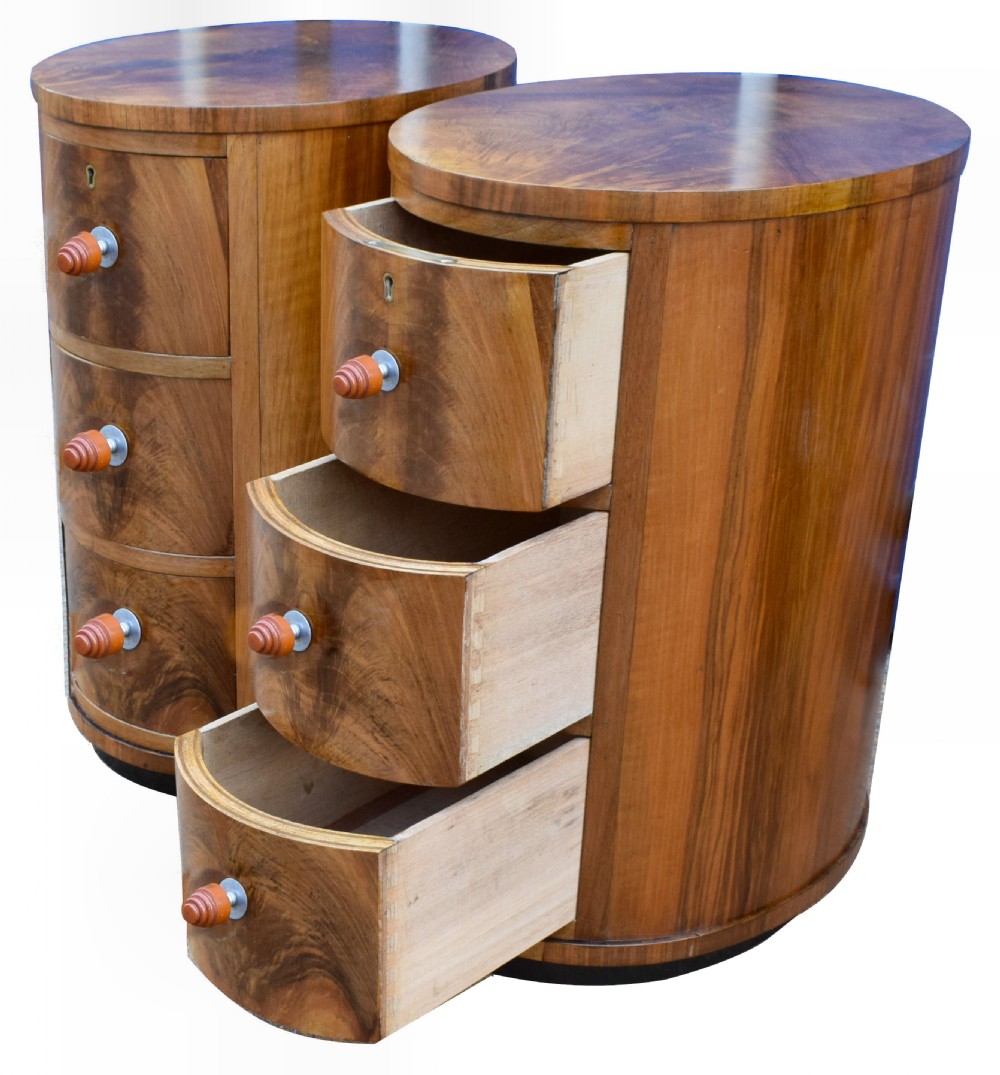 Matching Pair of Art Deco Oval Shaped Bedside Cabinet Tables, Circa 1930 View III