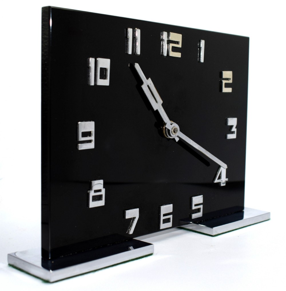 Art Deco Smiths Black Acrylic and Chrome 8 day Mantel Clock View IV
