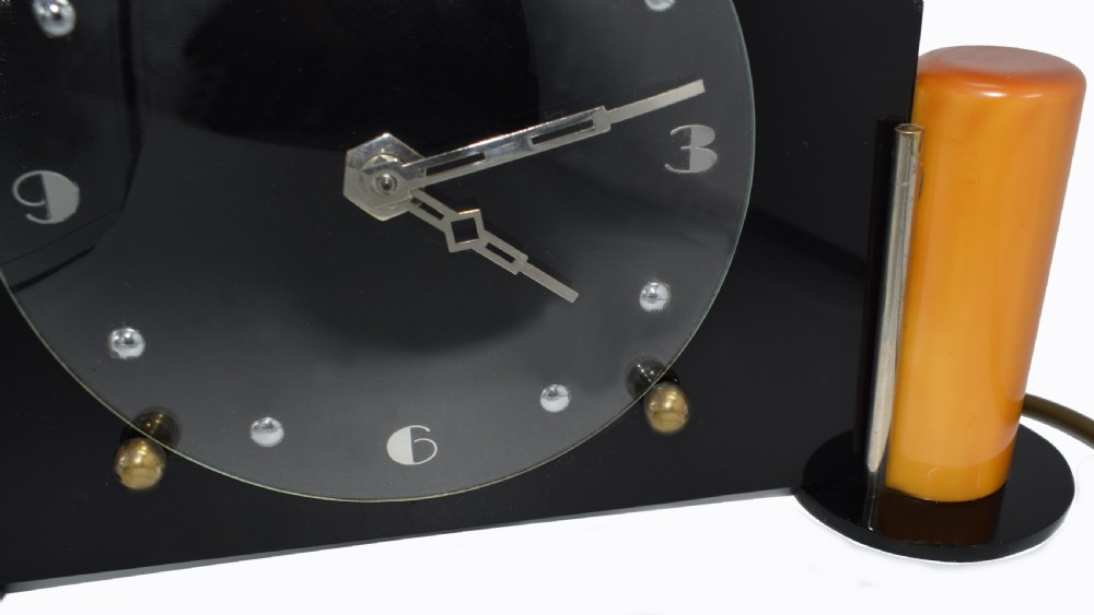 Art Deco Black Acrylic and Catalin Bakelite Mantel Clock View II