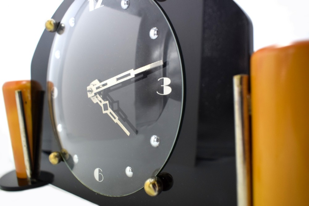 Art Deco Black Acrylic and Catalin Bakelite Mantel Clock View III