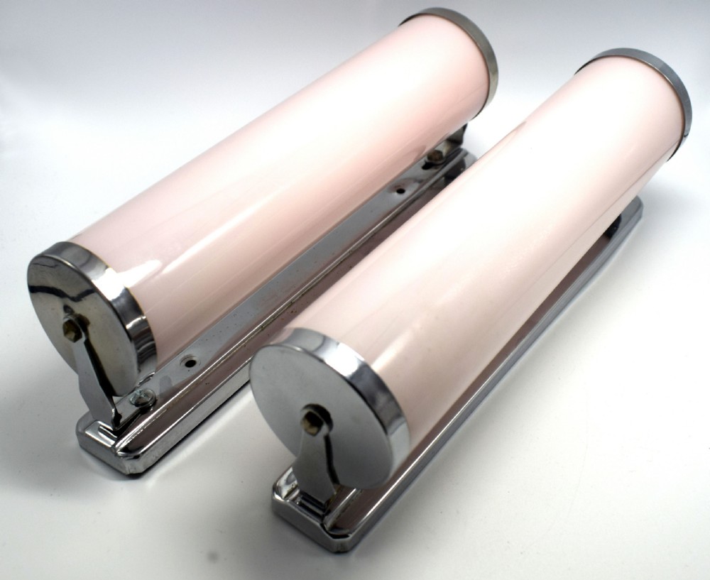 Art Deco 1930's Pair of Rose Pink Strip Glass Wall Lights View VIII