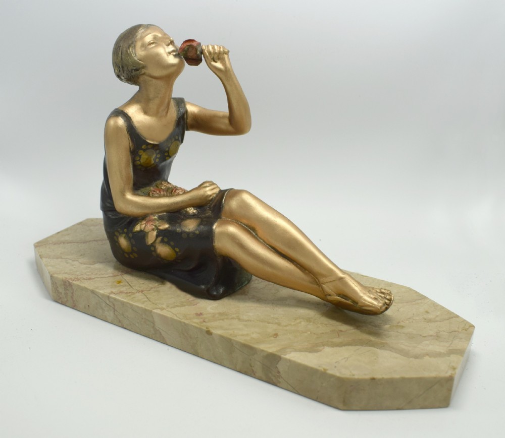 1930's Art Deco Spelter Figure 'Girl With Roses' View II