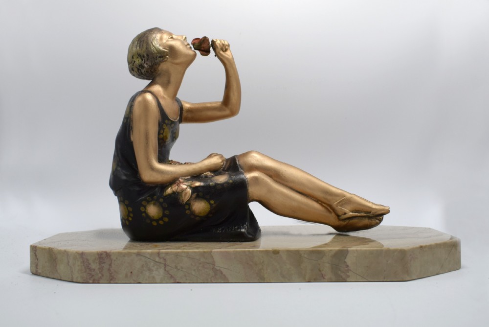 1930's Art Deco Spelter Figure 'Girl With Roses' View VI