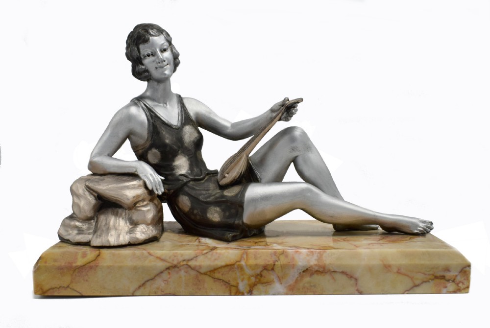 1930's Art Deco Spelter Figure 'Girl with Lute' By Balleste