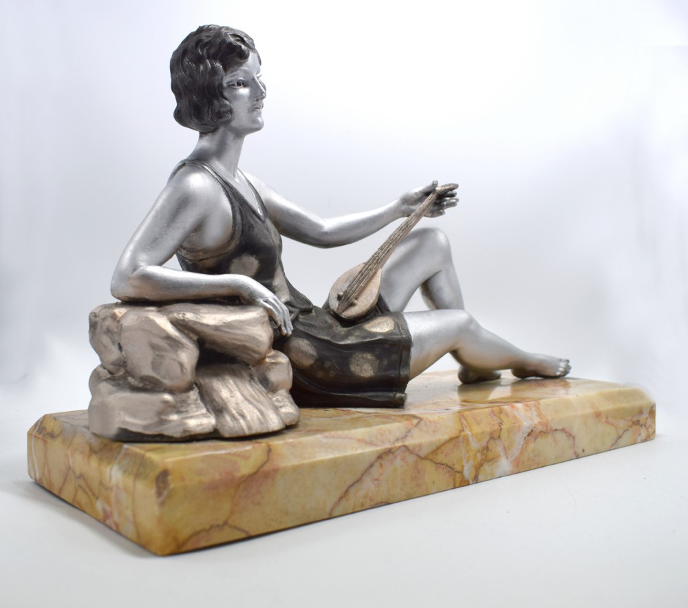 1930's Art Deco Spelter Figure 'Girl with Lute' By Balleste View II