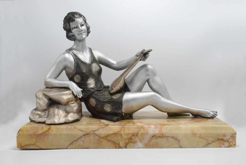 1930's Art Deco Spelter Figure 'Girl with Lute' By Balleste View VII