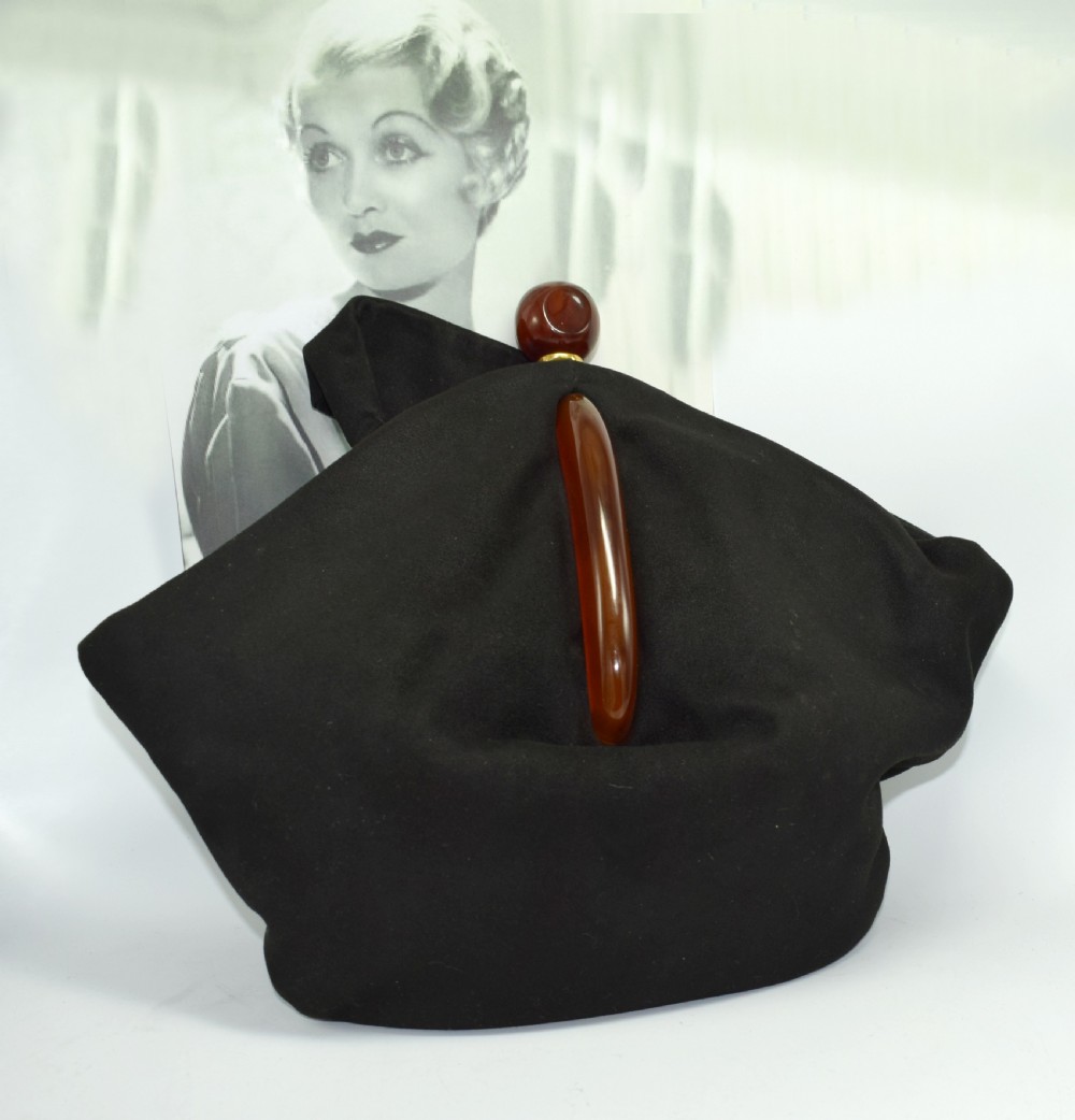 Art Deco Black Suede Phenolic Bakelite Ladies Bag, Circa 1930's