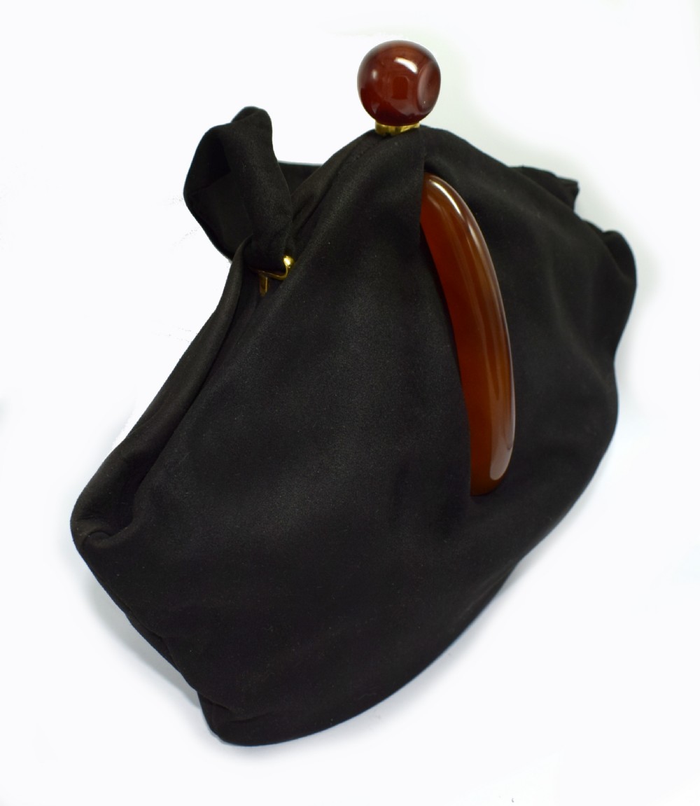Art Deco Black Suede Phenolic Bakelite Ladies Bag, Circa 1930's View V