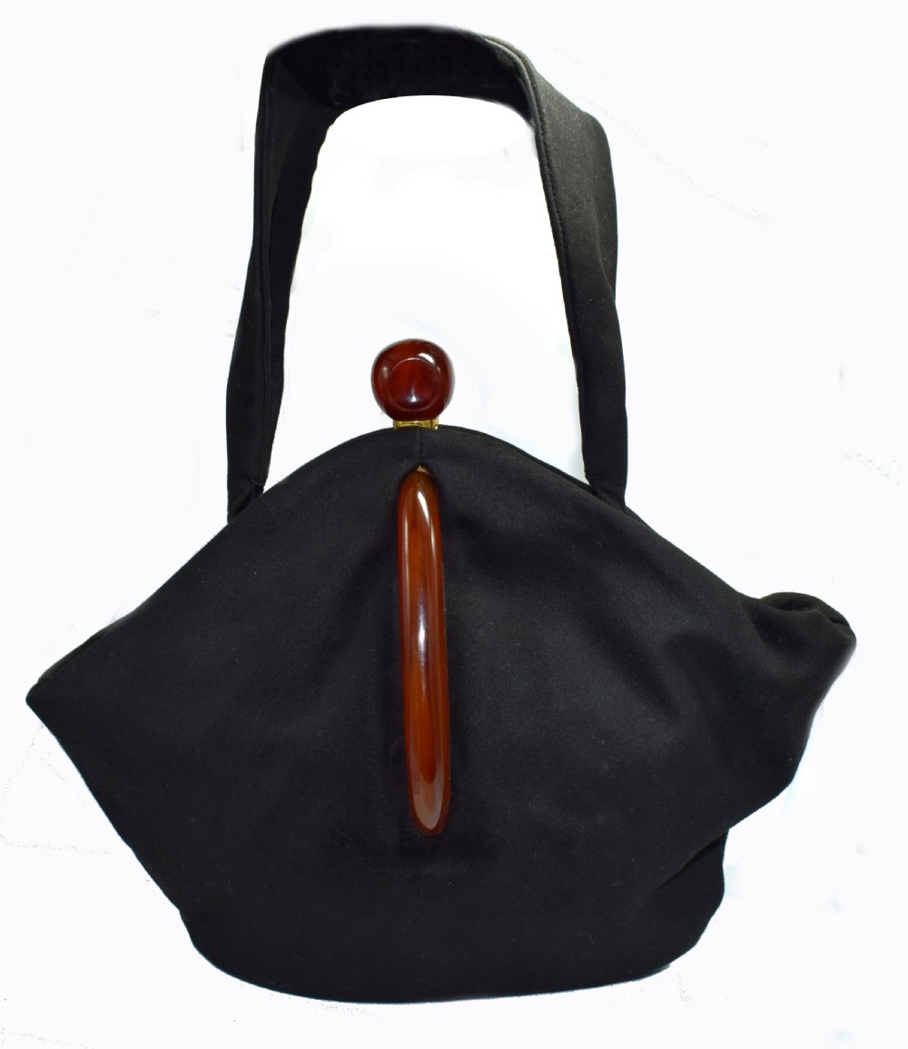 Art Deco Black Suede Phenolic Bakelite Ladies Bag, Circa 1930's View X