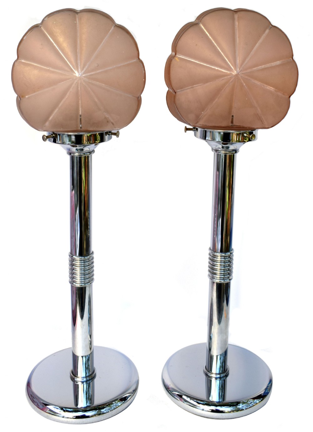 Art Deco Matching Pair Of Chrome And Glass Table Lamps, Circa 1930