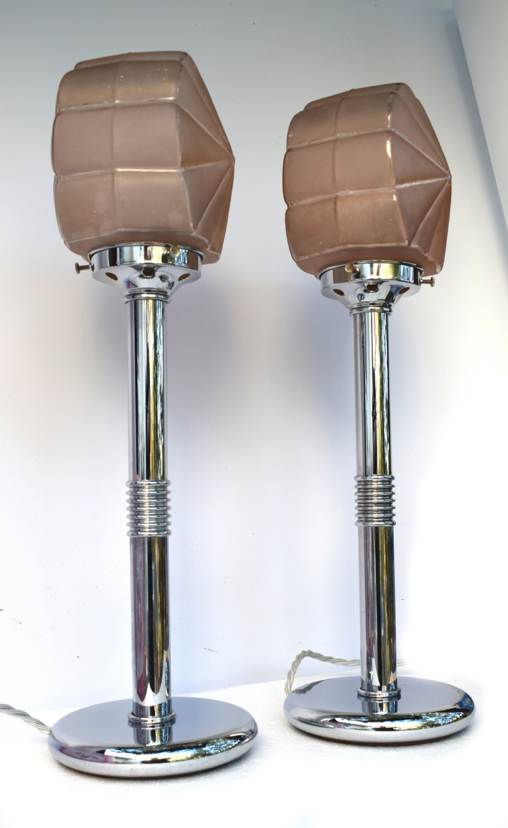 Art Deco Matching Pair Of Chrome And Glass Table Lamps, Circa 1930 View IV