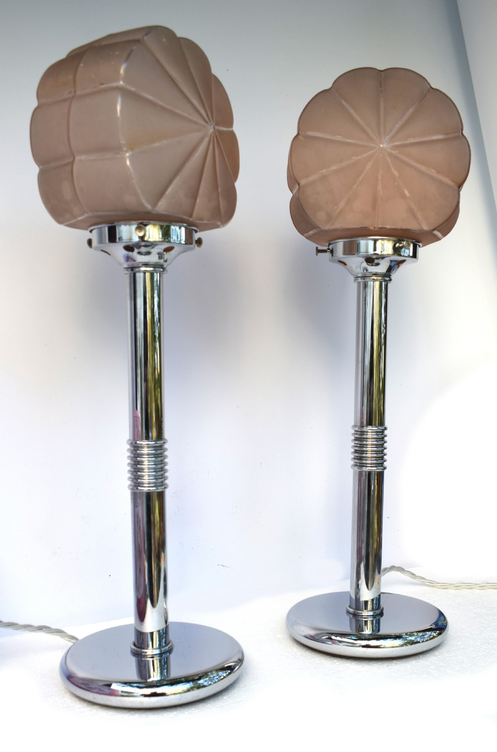 Art Deco Matching Pair Of Chrome And Glass Table Lamps, Circa 1930 View IX