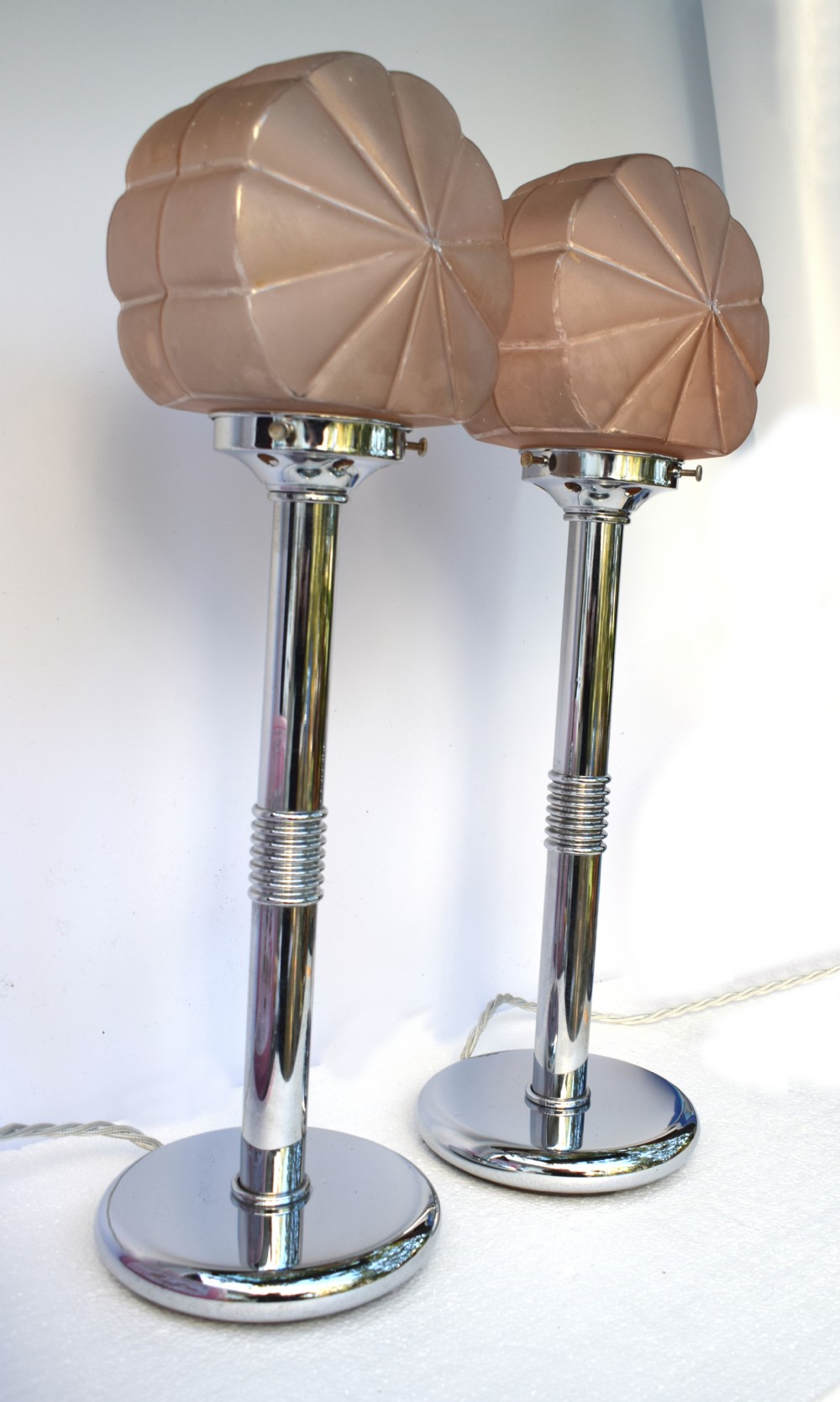 Art Deco Matching Pair Of Chrome And Glass Table Lamps, Circa 1930 View X