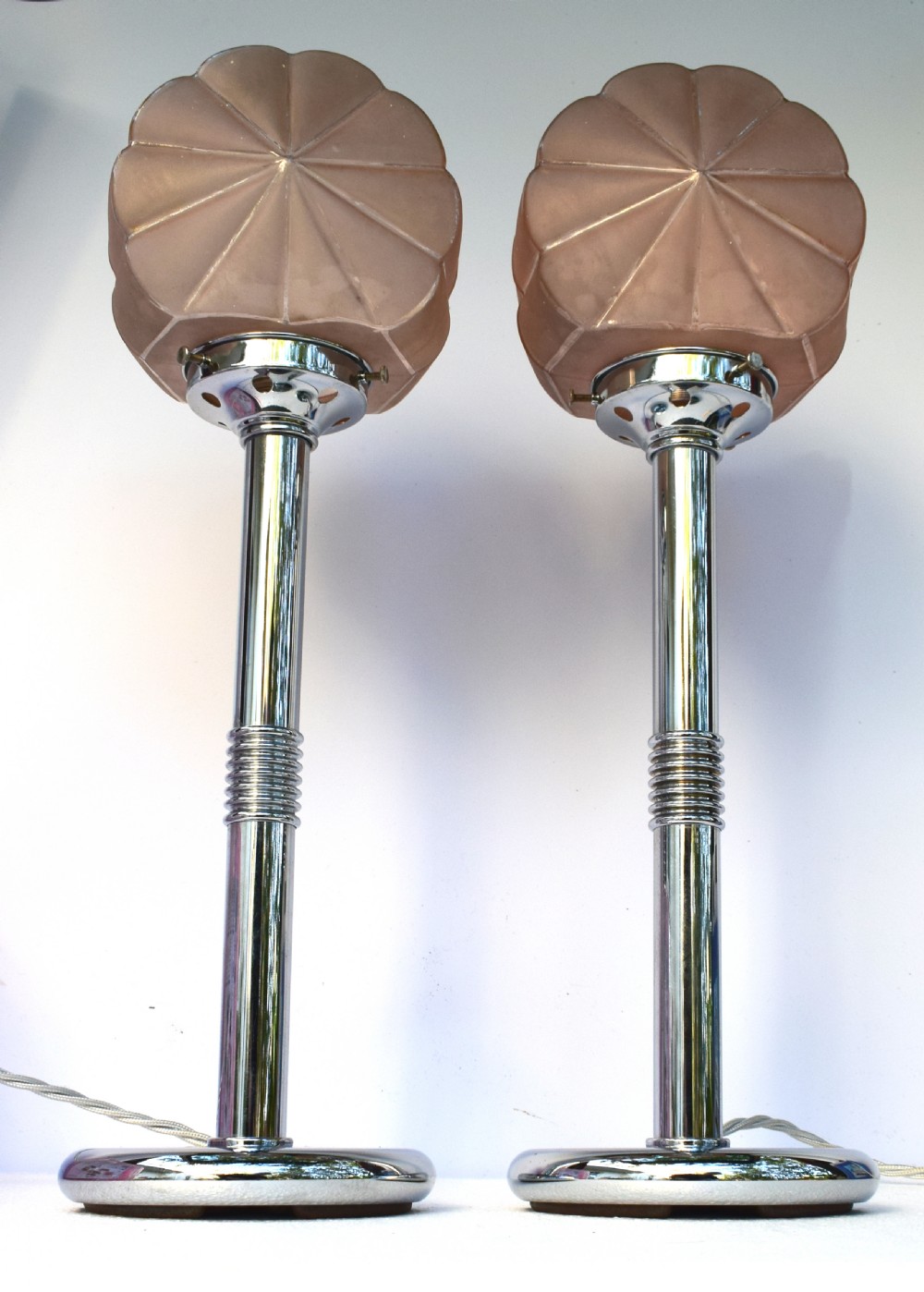 Art Deco Matching Pair Of Chrome And Glass Table Lamps, Circa 1930 View XI