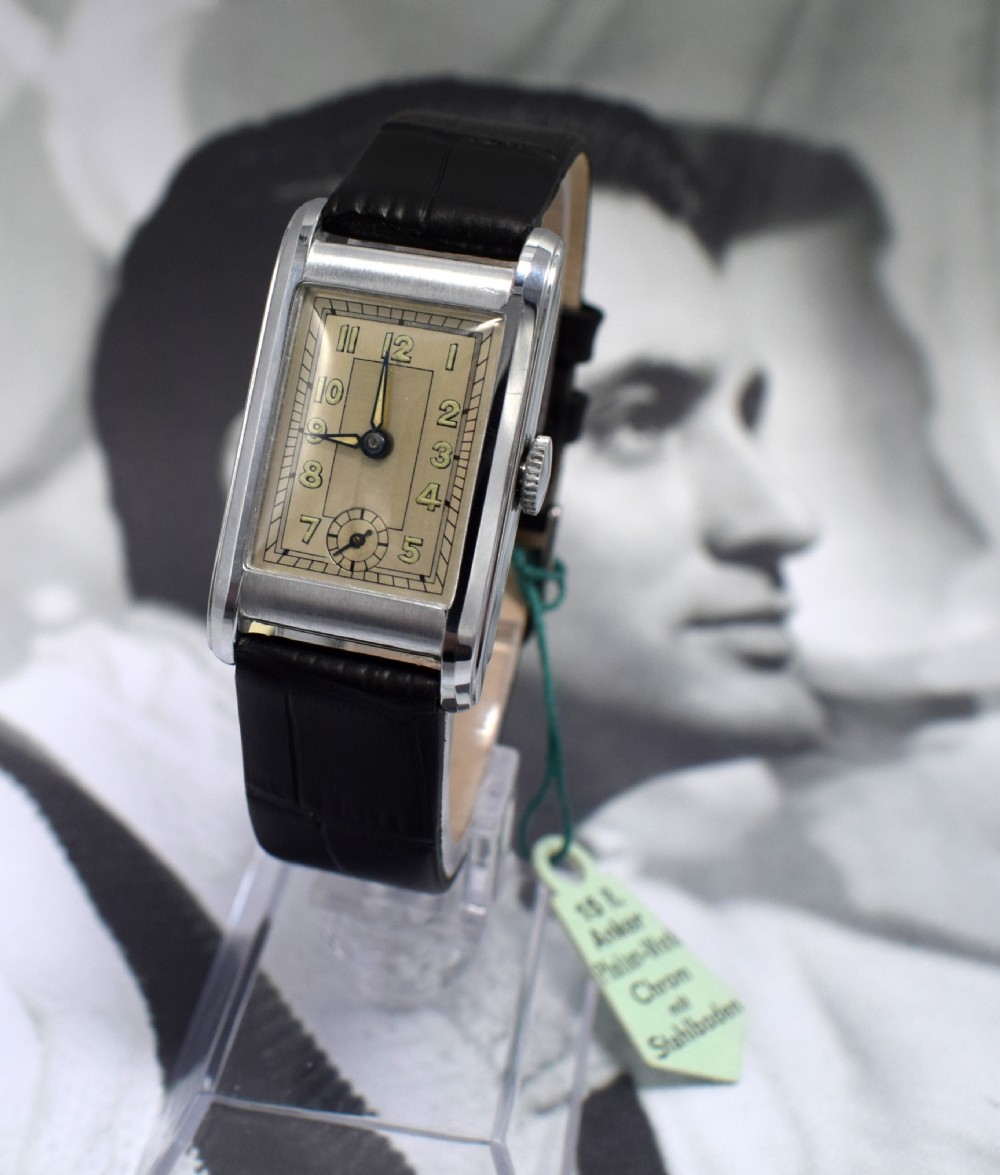 Art Deco Gents Streamline Chrome Wristwatch, Never Used, Newly Serviced, c 1930
