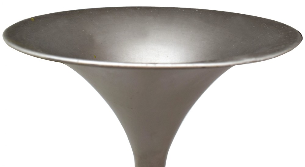 A tall 1930s Art Deco floor lamp crafted from silver-toned metal with a flared trumpet shade, glass disc accents, and a circular base. View IV