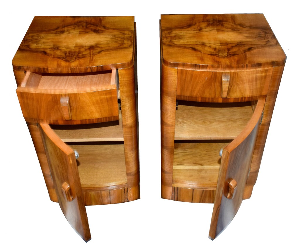 Matching Pair of Art Deco Walnut Bedside Cabinets View II
