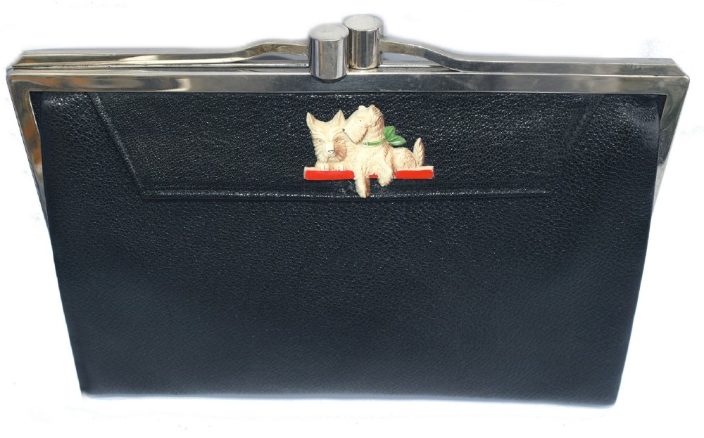 Art Deco Ladies Black Leather Clutch Bag