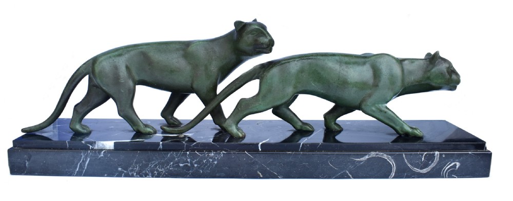 Art Deco Panther Figures On A Solid Marble Base, 1930's