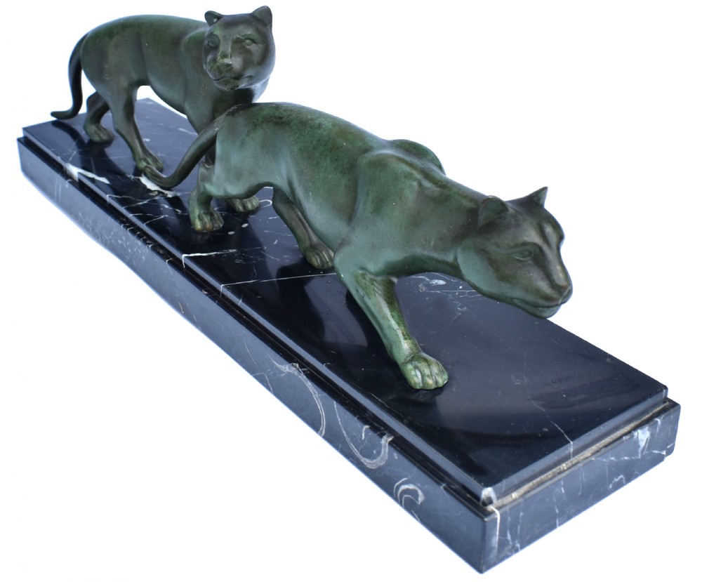 Art Deco Panther Figures On A Solid Marble Base, 1930's View II