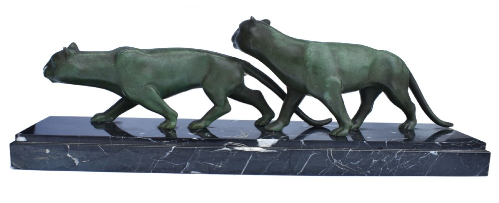 Art Deco Panther Figures On A Solid Marble Base, 1930's View VI