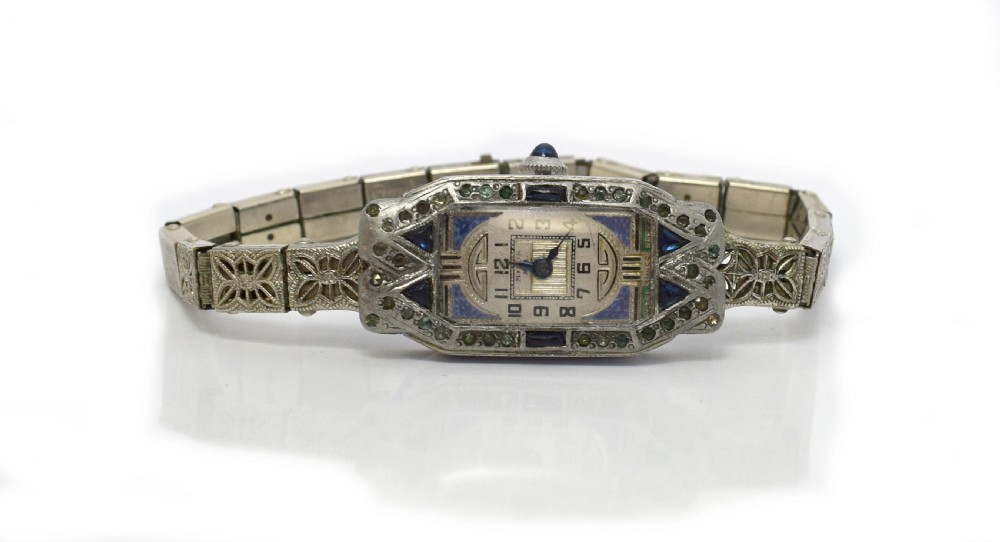 1930's Art Deco Ladies Sapphire Marcasite Enamel Watch With A Filigree Band