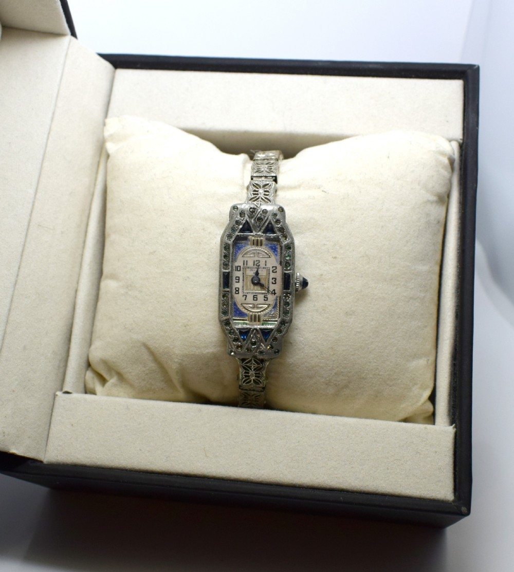 1930's Art Deco Ladies Sapphire Marcasite Enamel Watch With A Filigree Band View V