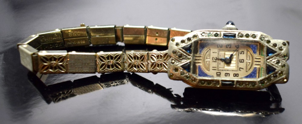 1930's Art Deco Ladies Sapphire Marcasite Enamel Watch With A Filigree Band View VI