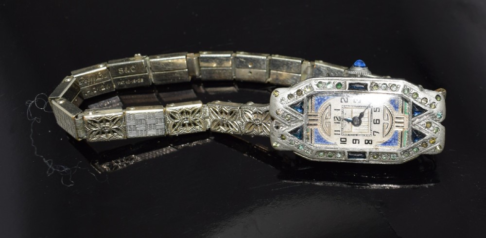 1930's Art Deco Ladies Sapphire Marcasite Enamel Watch With A Filigree Band View VII