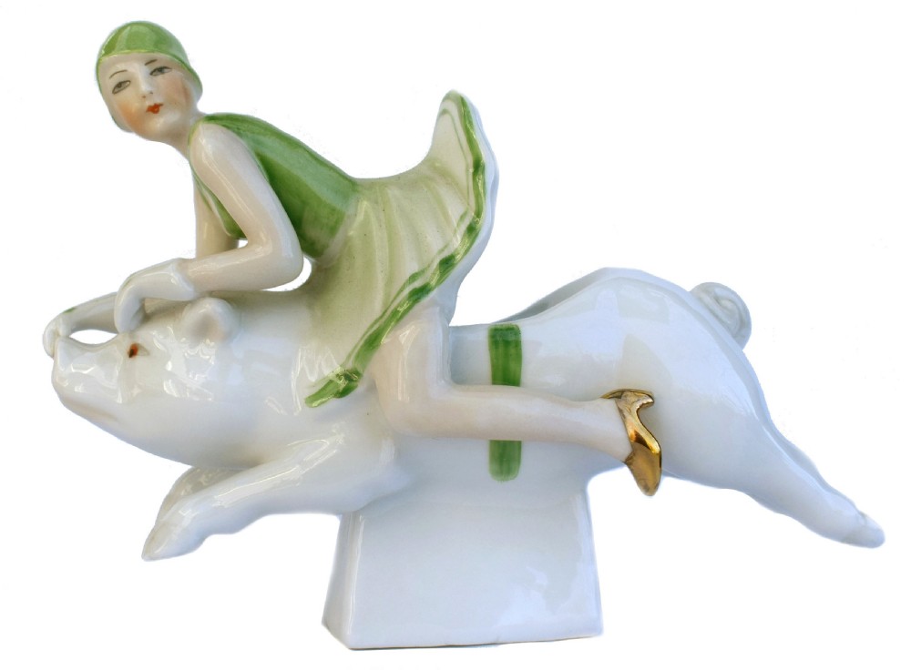 Art Deco Porcelain Trinket bowl, Half Doll Family, German 1930's