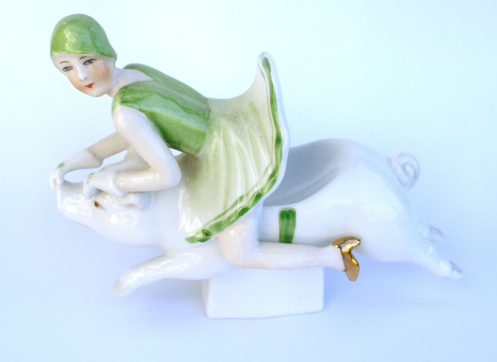 Art Deco Porcelain Trinket bowl, Half Doll Family, German 1930's View II
