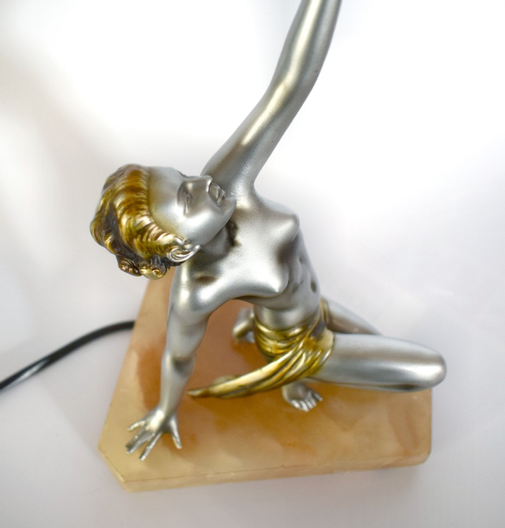 Original Art Deco Cold Painted Spelter Lady Figural Lamp By Lorenzl View II