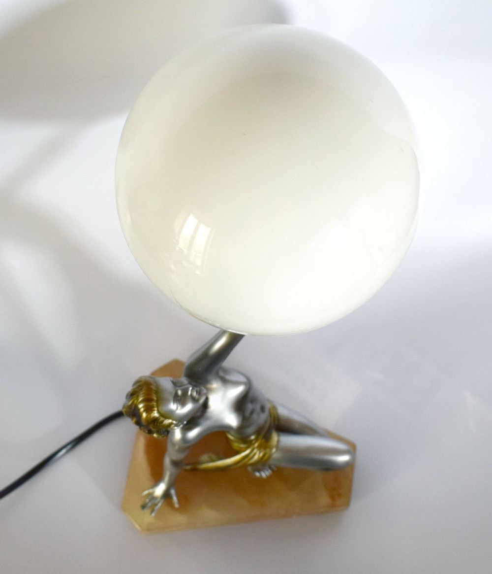 Original Art Deco Cold Painted Spelter Lady Figural Lamp By Lorenzl View III