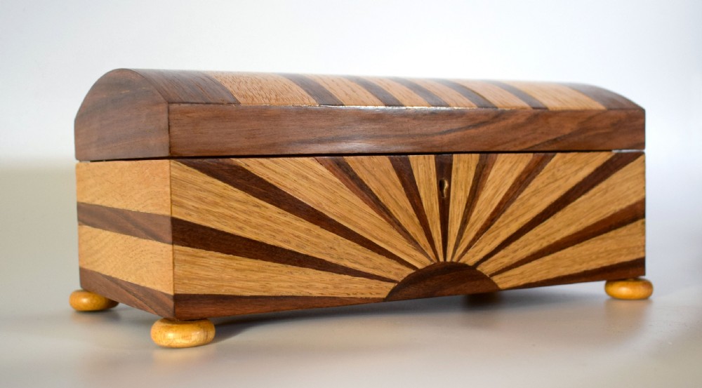 Large Art Deco 'Sunray' Inlaid box With Key View IV