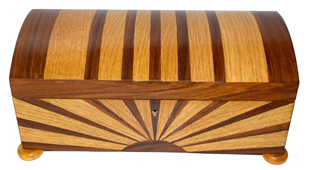 Large Art Deco 'Sunray' Inlaid box With Key View VI