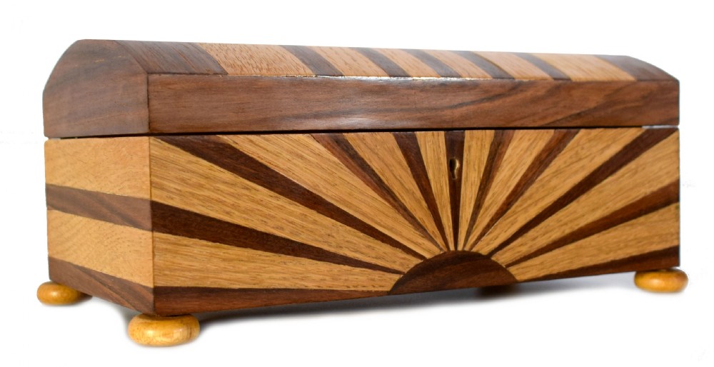 Large Art Deco 'Sunray' Inlaid box With Key View IX