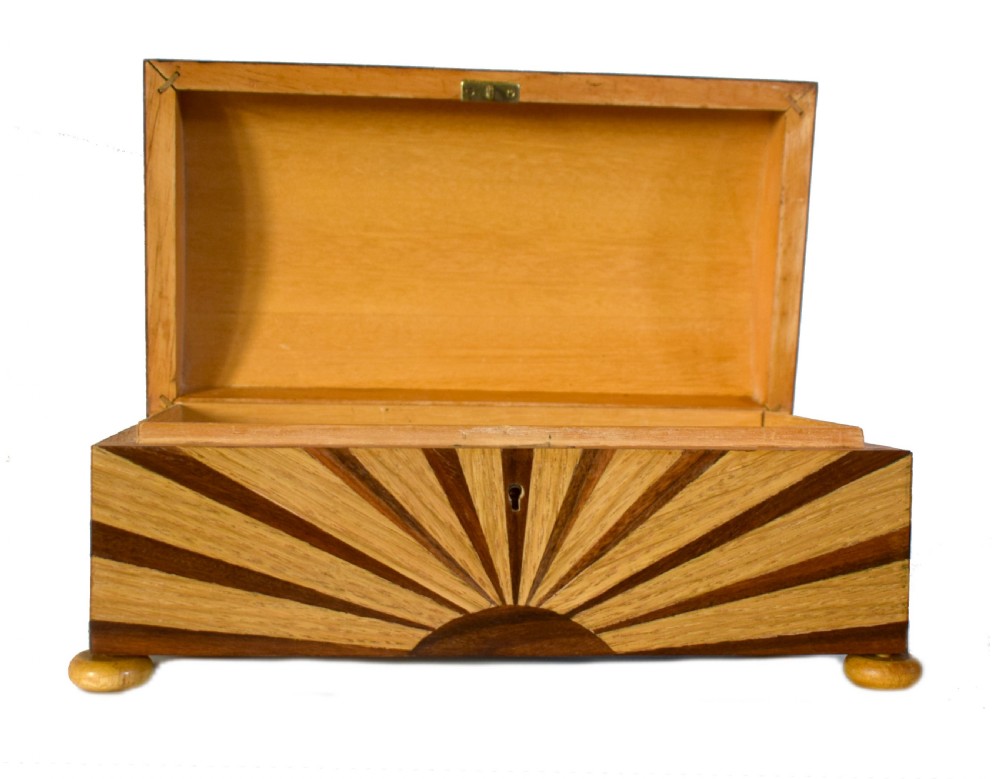 Large Art Deco 'Sunray' Inlaid box With Key View X