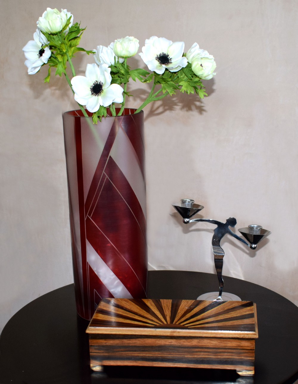 Huge Art Deco Glass & Enamel Etched Vase View X