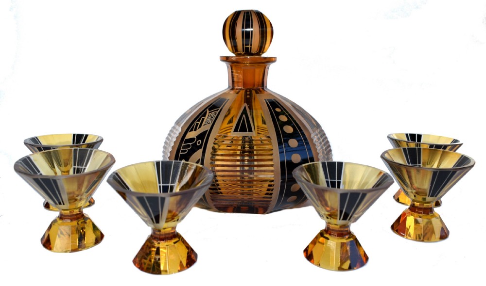 Art Deco Czech Glass Decanter set and glasses