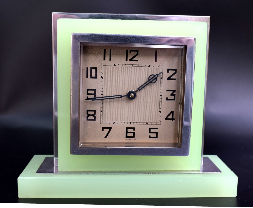 1930's Art Deco Green Glass & Chrome Clock